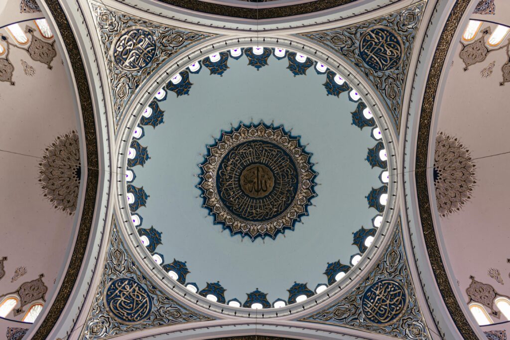 Stunning view of the intricate dome ceiling inside Istanbul's Camlica Mosque.